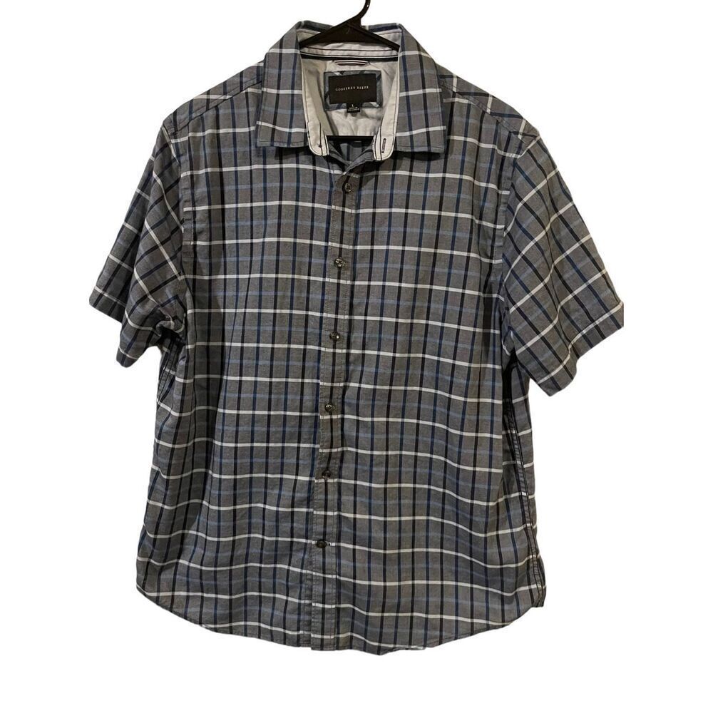 Geofrey Beene Mens Gray Blue Plaid Cotton Short Sleeve Button Up Shirt Large